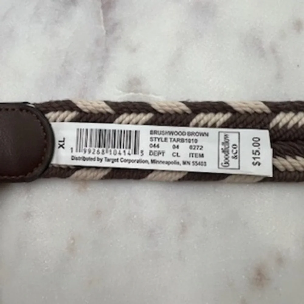 Goodfellow &‎ Co Mens XL Braided Stretch Belt Brown Cream Woven fits 40-42 NWT